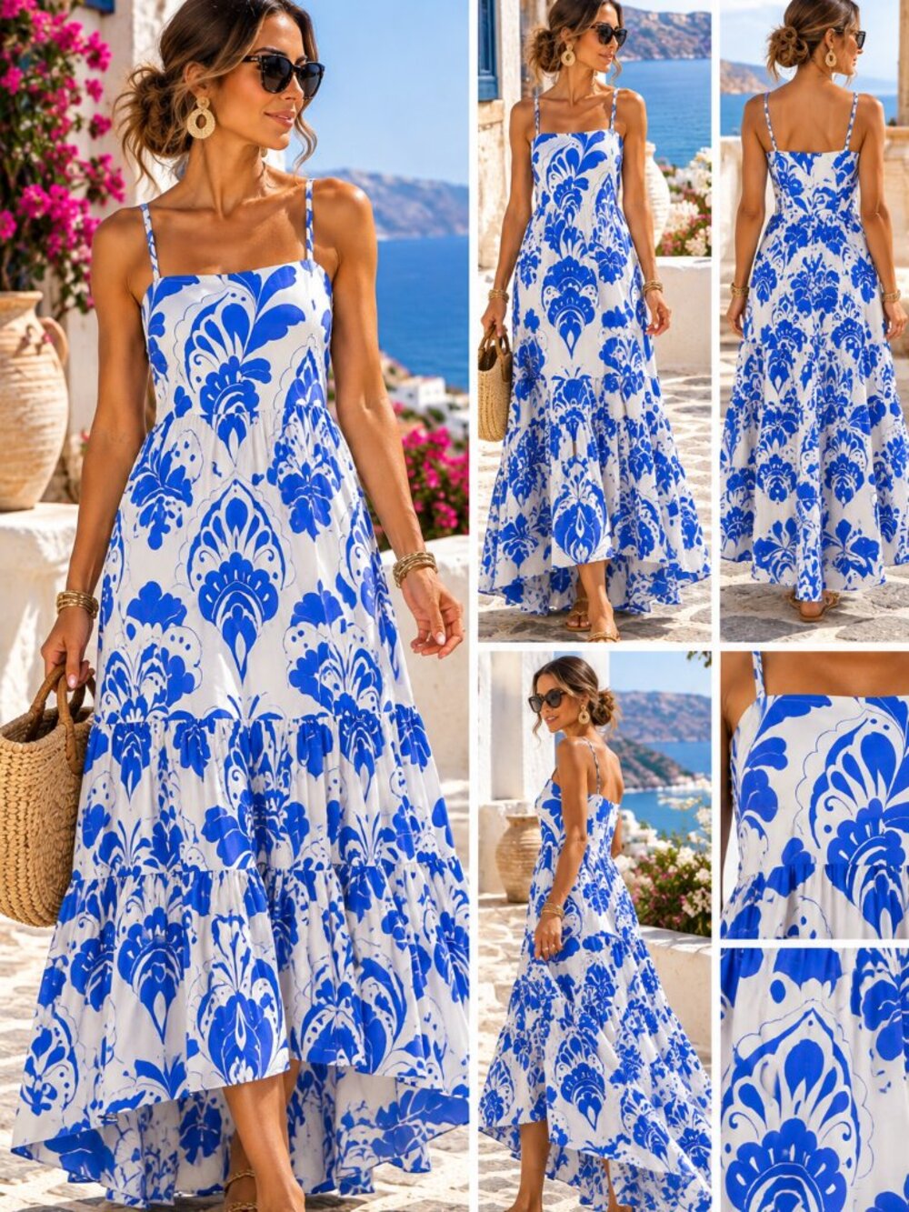 Ann Taylor Dress Womens 8 Blue White Paisley Tiered Cotton Maxi Resort Coastal